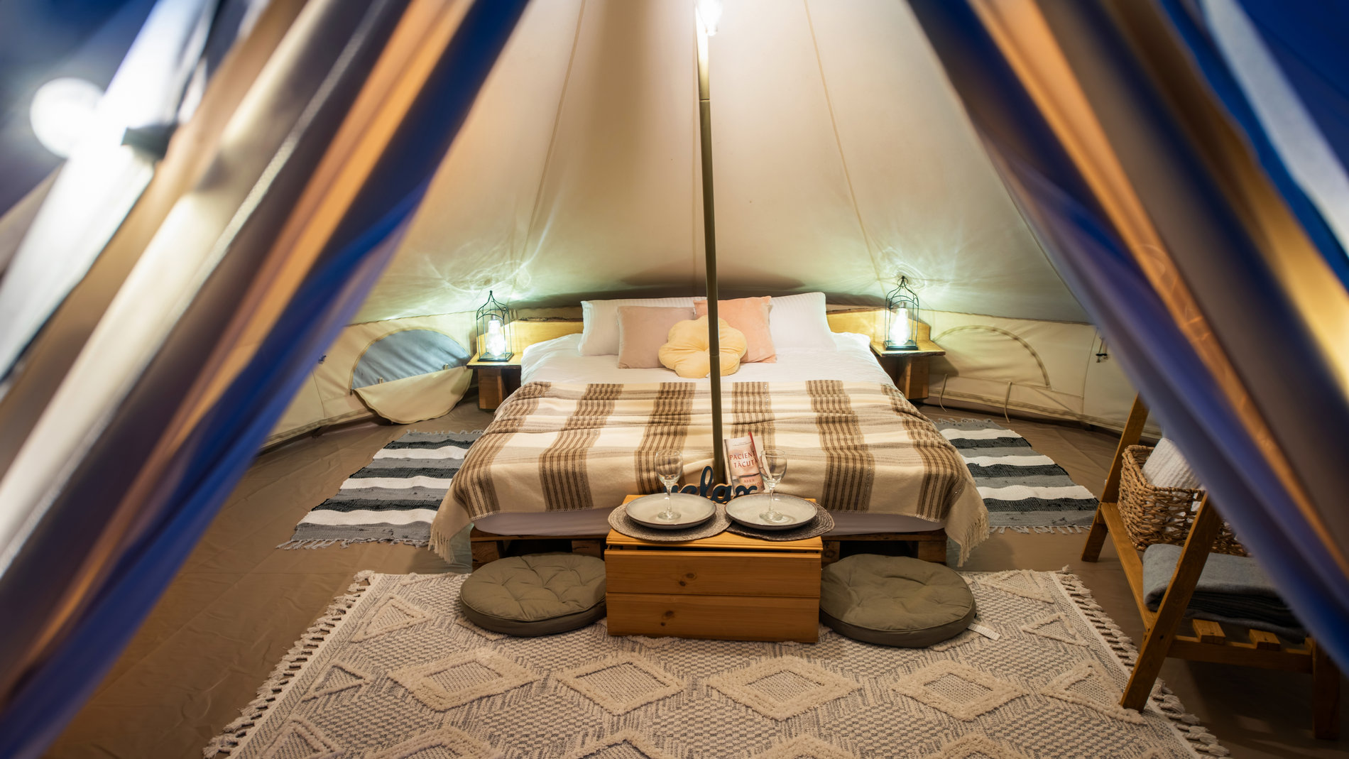 Tent interior at glamping, night